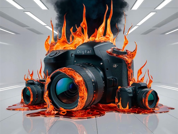 Vintage camera 3d rendering of camera fire melting illustration for photography day