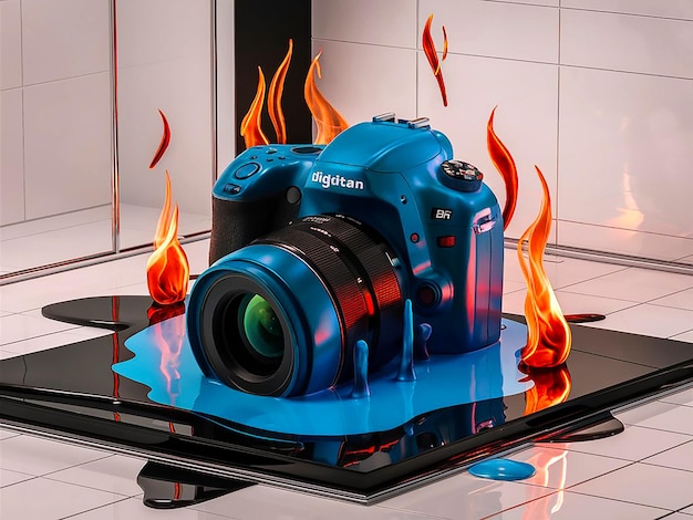 Vintage camera 3d rendering of camera fire melting illustration for photography day