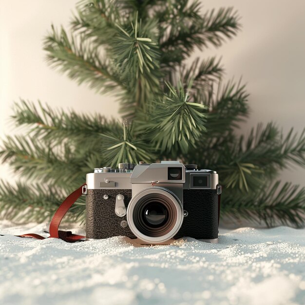 Photo vintage camera under bare artificial christmas tree