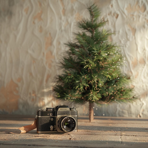 Photo vintage camera under bare artificial christmas tree