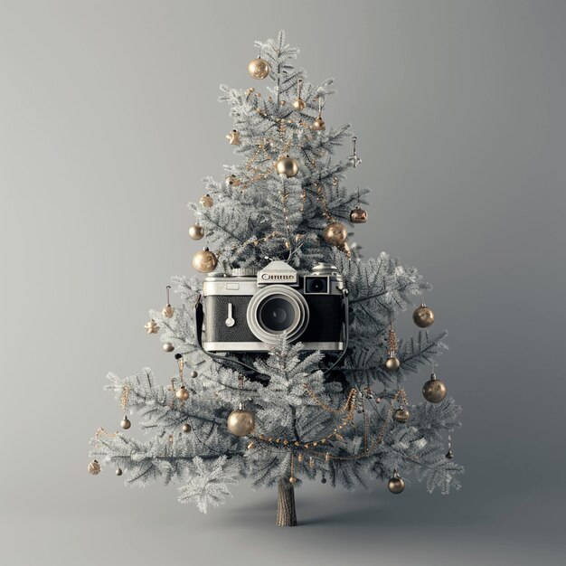 Photo vintage camera under bare artificial christmas tree