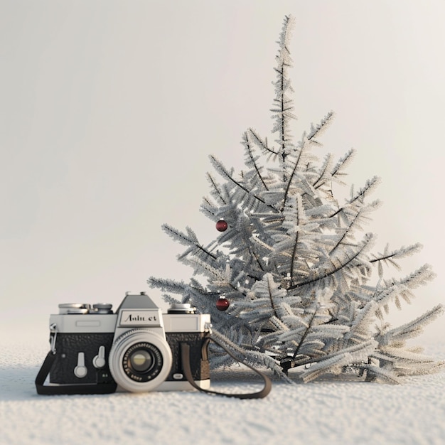 Vintage camera under bare artificial christmas tree