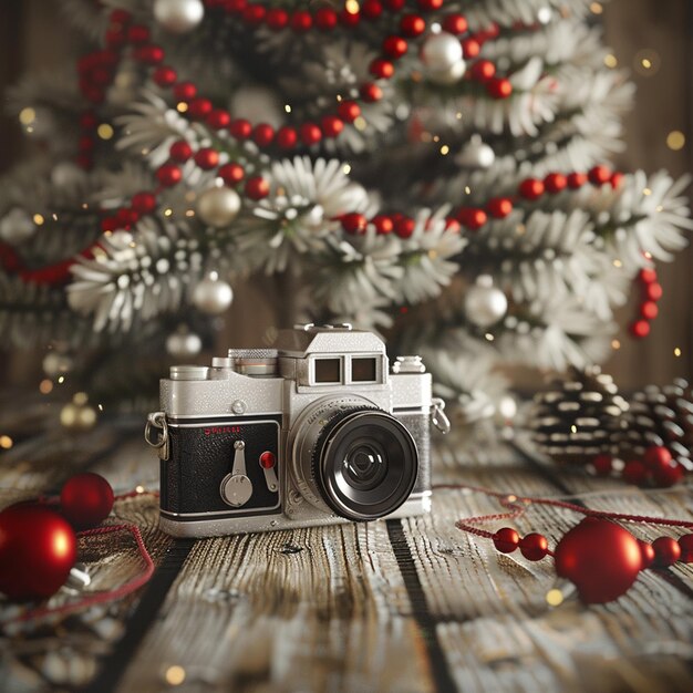 Photo vintage camera under bare artificial christmas tree