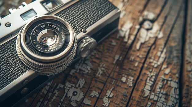 Photo vintage camera closeup on wooden table