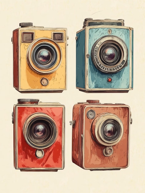 Vintage Camera Collection A HandDrawn Set of Four Classic Cameras