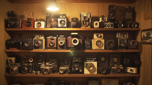 Vintage Camera Collection on Wooden Shelf