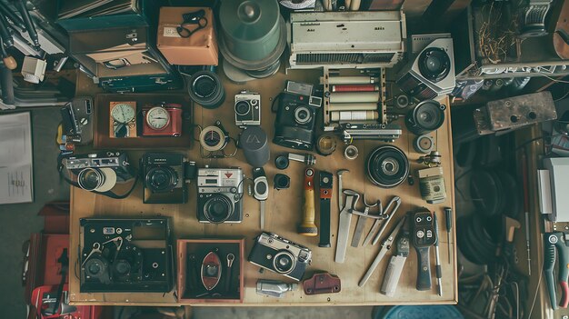 Photo vintage camera collection on a wooden table top view