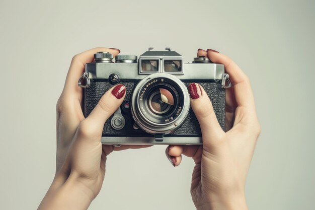 Photo vintage camera in female hands on light background