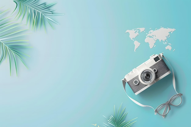 Photo vintage camera and glasses on a pastel blue background with tropical leaves and a world map