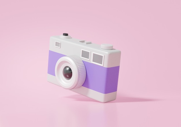 Vintage camera icon floating on pink background memo image memory travel photography concept cartoon minimal symbol copy space 3d render illustration