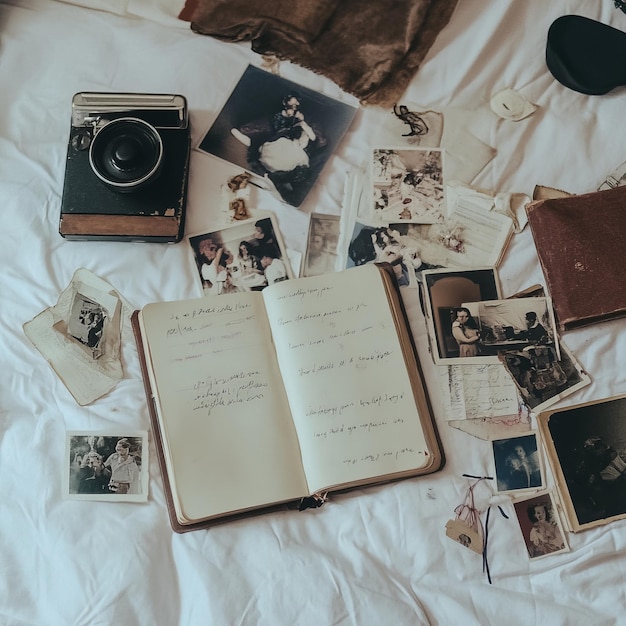 Photo vintage camera and a journal with handwritten notes and old photographs scattered on a white bed sheet