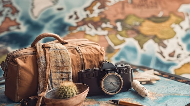 Vintage Camera Leather Bag and Cactus on a World Map