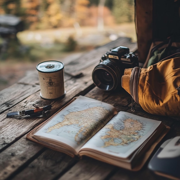 Photo vintage camera map and backpack on wooden table