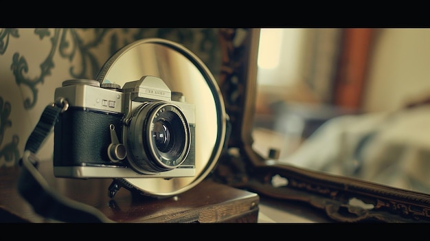 Photo vintage camera in mirror reflection