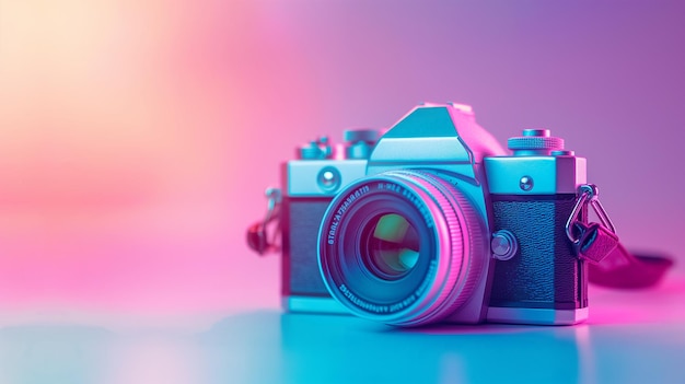 Vintage camera in neon glow and purple and blue background