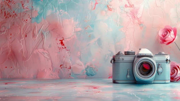 Photo vintage camera on pastel background celebrating world photography day with artistic floral elements