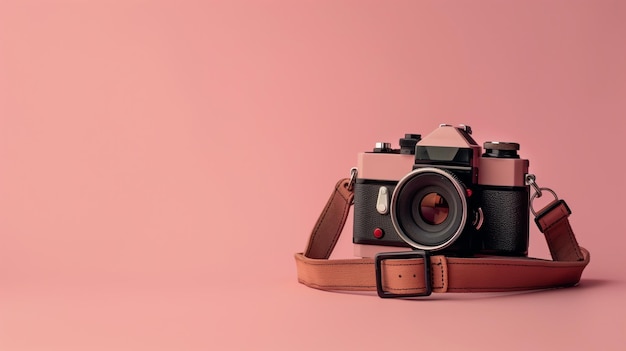 Vintage camera on pink surface