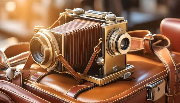 Vintage Camera Resting on a Leather Case