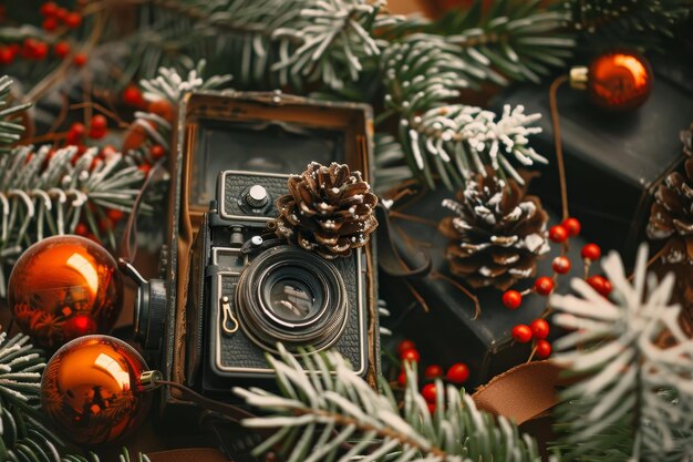 Photo a vintage camera rests amidst festive christmas decorations including pine cones and ornaments a vintage camera capturing the beauty of the season