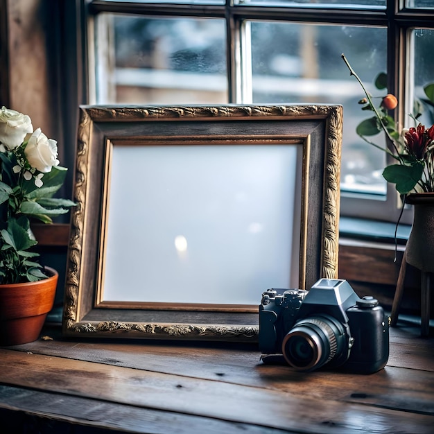 A vintage camera rests beside a rustic wooden frame with a blank canvas perfect for adding your own message