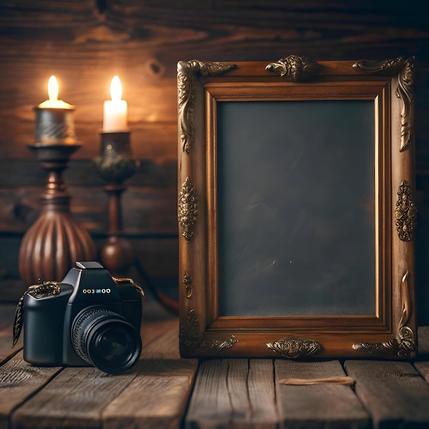 A vintage camera sits beside a beautifully ornate wooden frame casting a warm glow on a rustic wooden table