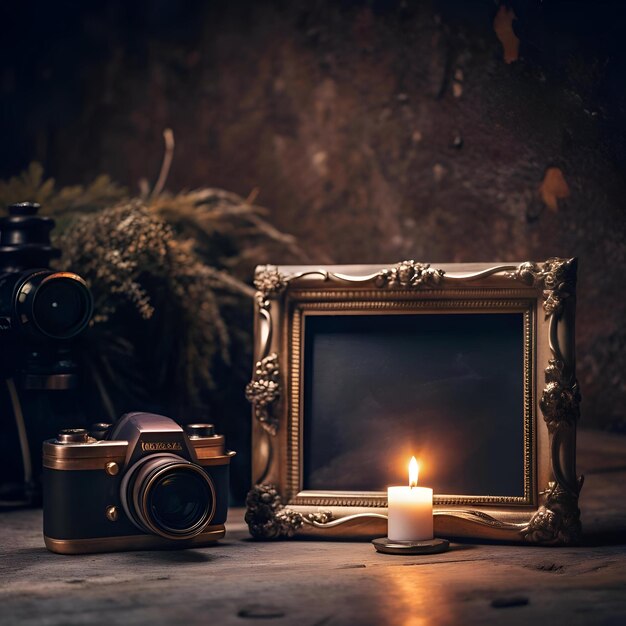 A vintage camera sits beside an ornate gold frame and a flickering candle evoking a sense of nostalgia and artistic inspiration