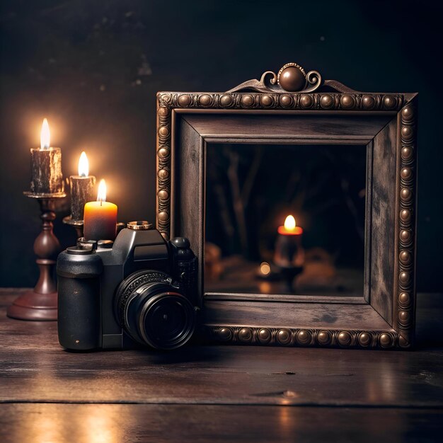 Photo a vintage camera sits beside a ornate wooden picture frame illuminated by candlelight