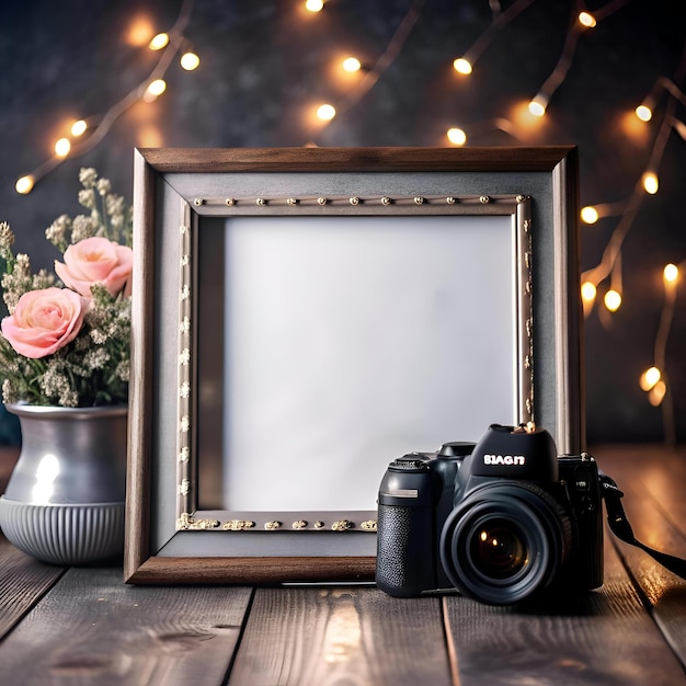 A vintage camera sits beside a rustic wooden frame ready for a picture perfect moment