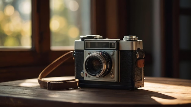 A vintage camera sits on a sunlit wooden table evoking nostalgia and classic photography