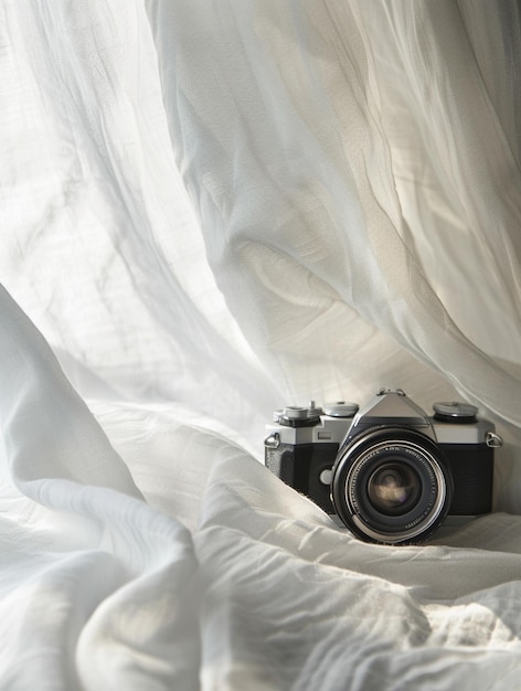 Photo vintage camera on soft white fabric with natural light