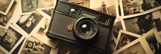 Vintage camera surrounded by photographic prints