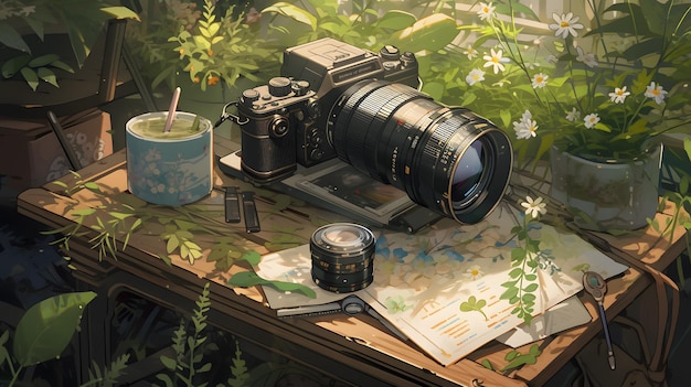 Vintage camera on a table in the garden Digital illustration