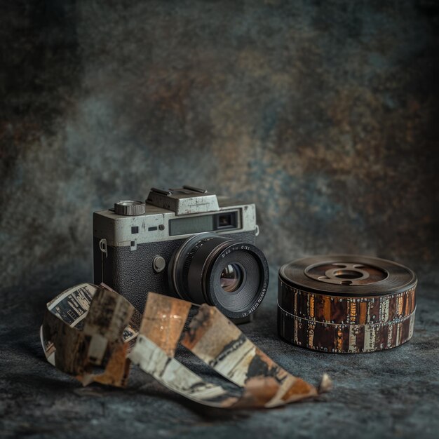 Photo vintage camera with film reels on a textured background