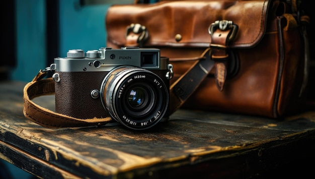 Photo vintage camera with a leather bag on rustic wooden surface