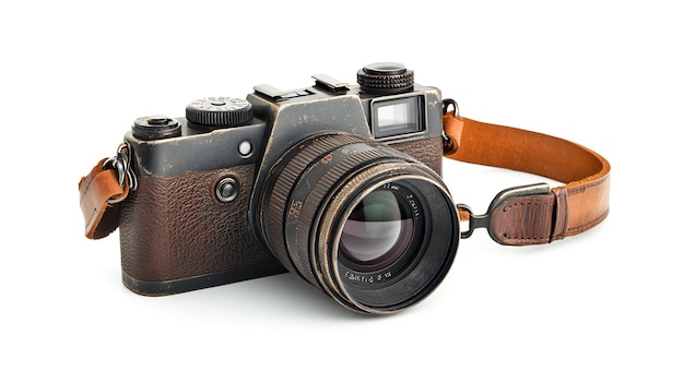 Vintage camera with leather strap isolated on white background