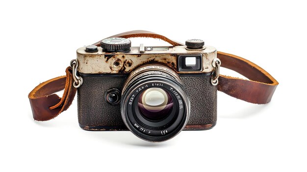 Vintage camera with leather strap on white background