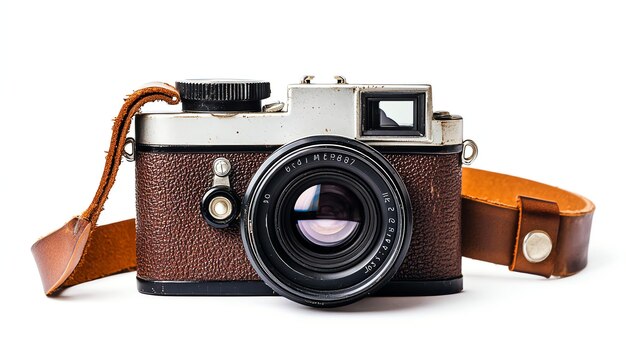 Vintage camera with leather strap on white background