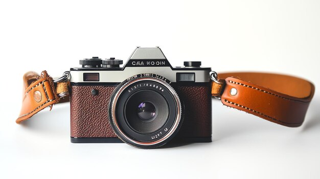 A vintage camera with a leather strap