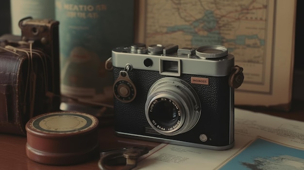 Vintage camera with travel books AI generated