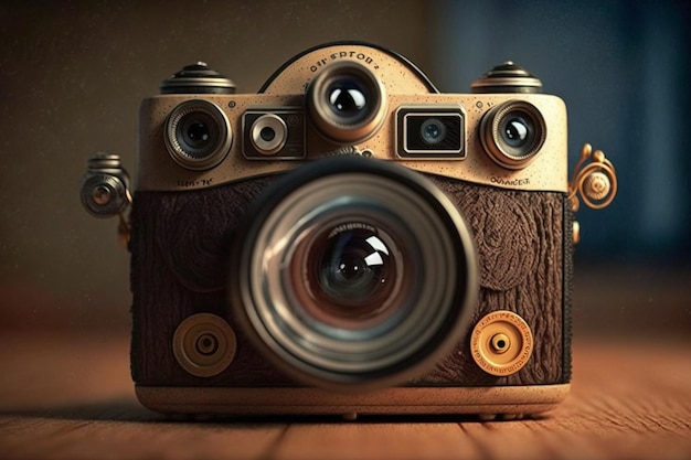 A vintage camera with a wooden surface and the word photography on it.