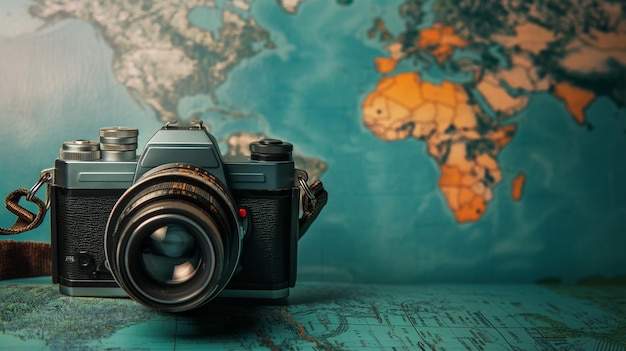 Vintage Camera with a world map in the background