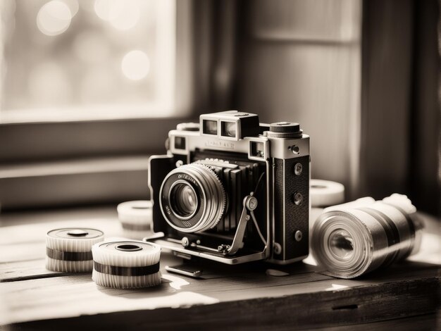 Photo vintage camera on wooden background