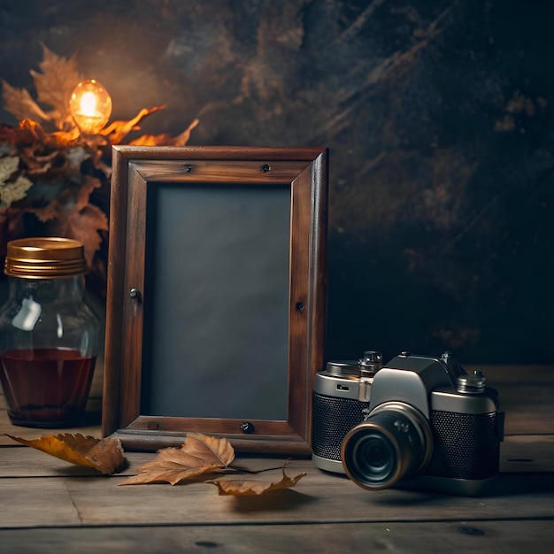 Vintage camera and wooden frame set against a rustic background