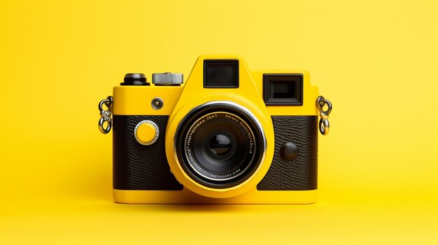 Vintage camera on yellow background