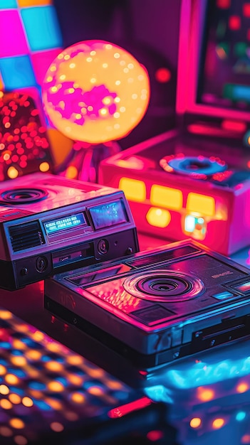 Photo vintage cameras bask in neon glow a retro 80s party aesthetic