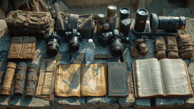 Vintage Cameras and Equipment Arranged on the Ground