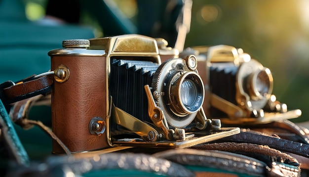 Photo vintage cameras on a green surface