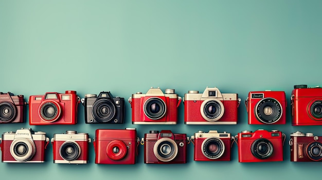 Vintage Cameras on Teal Background