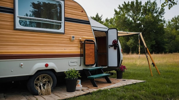 Vintage camper parked in a serene forest with mountains backdrop