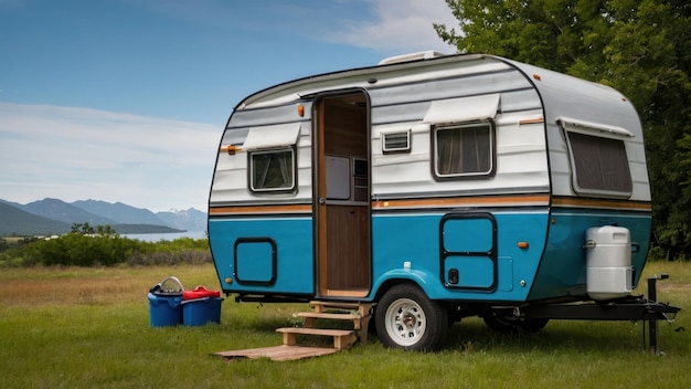 Vintage camper parked in a serene forest with mountains backdrop